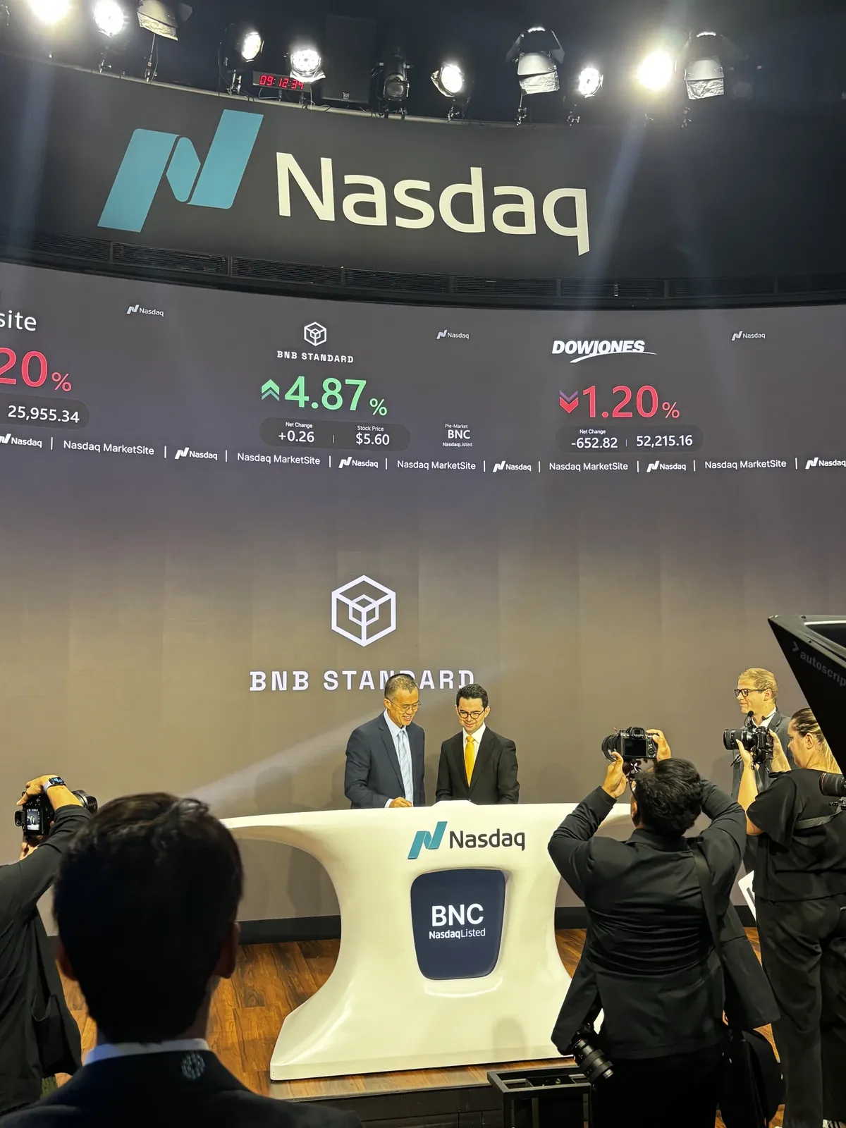 Ryan Myher with Changpeng Zhao (CZ) at the Nasdaq opening bell ceremony for BNB Standard